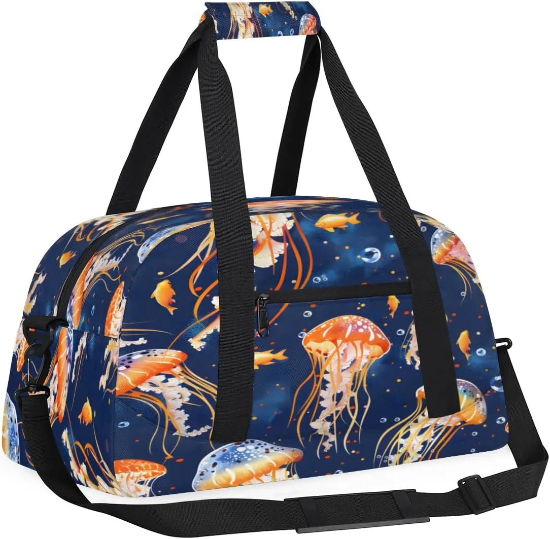 Yzrwebo Jellyfish Kids Gym Sport Bag for Boys Girls, Watercolor Jellyfish Travel Duffle Bag Gymnastics Dance Bag Teen Weekender Overnight Carry on Tote Bags