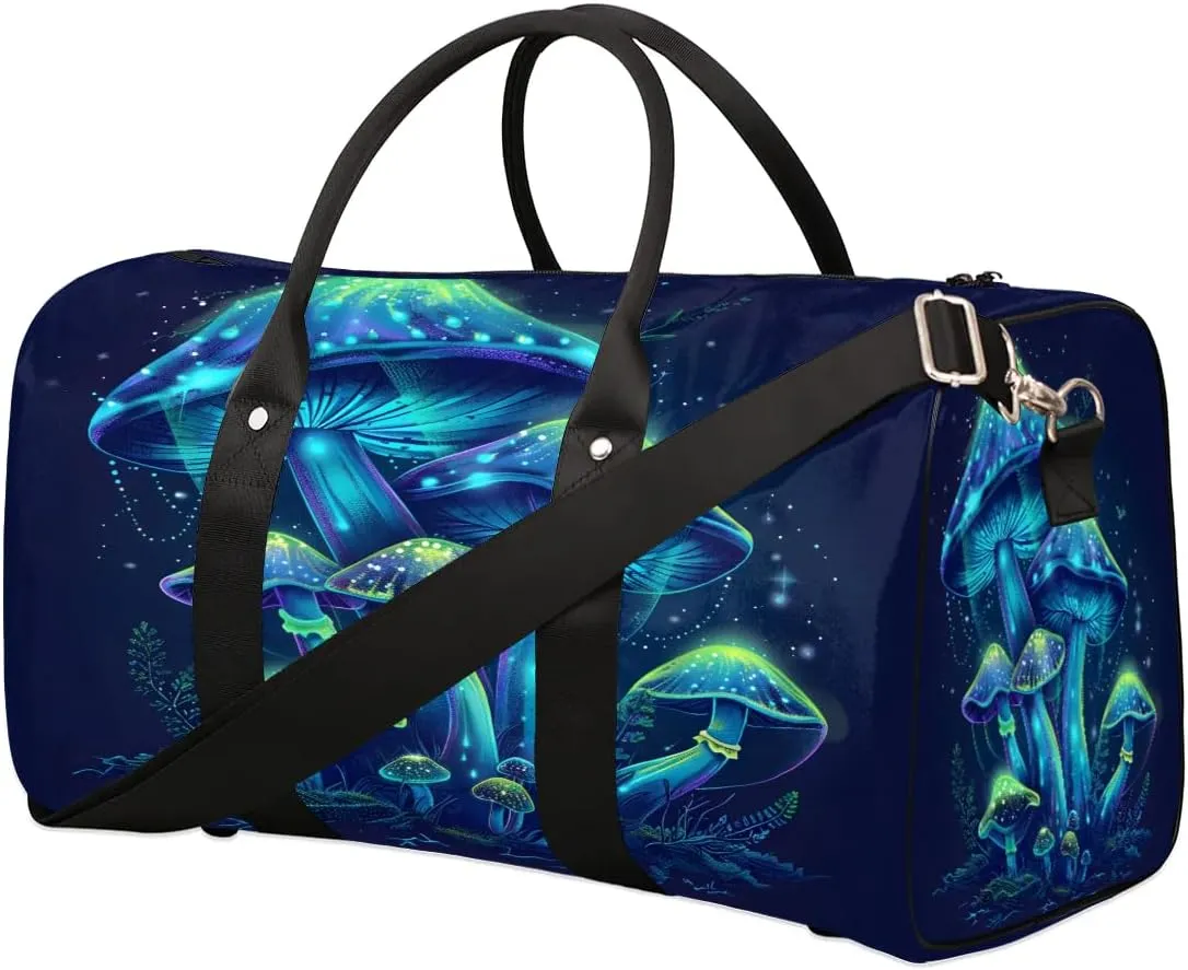 Yzrwebo Mystical Glowing Mushrooms Travel Duffle Bag for Men Women Mushroom Overnight Weekender Bag Foldable Travel Duffel Bag Large Sports Gym Bag Waterproof Luggage Tote Bag Tear Resistant