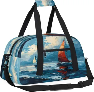 Yzrwebo Ocean Sailboat Kids Gym Sport Bag for Boys Girls, Sailboat Travel Duffle Bag Gymnastics Dance Bag Teen Weekender Overnight Carry on Tote Bags