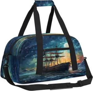 Yzrwebo Old Sailboat Kids Gym Sport Bag for Boys Girls, Sailboat Full Moon Travel Duffle Bag Gymnastics Dance Bag Teen Weekender Overnight Carry on Tote Bags