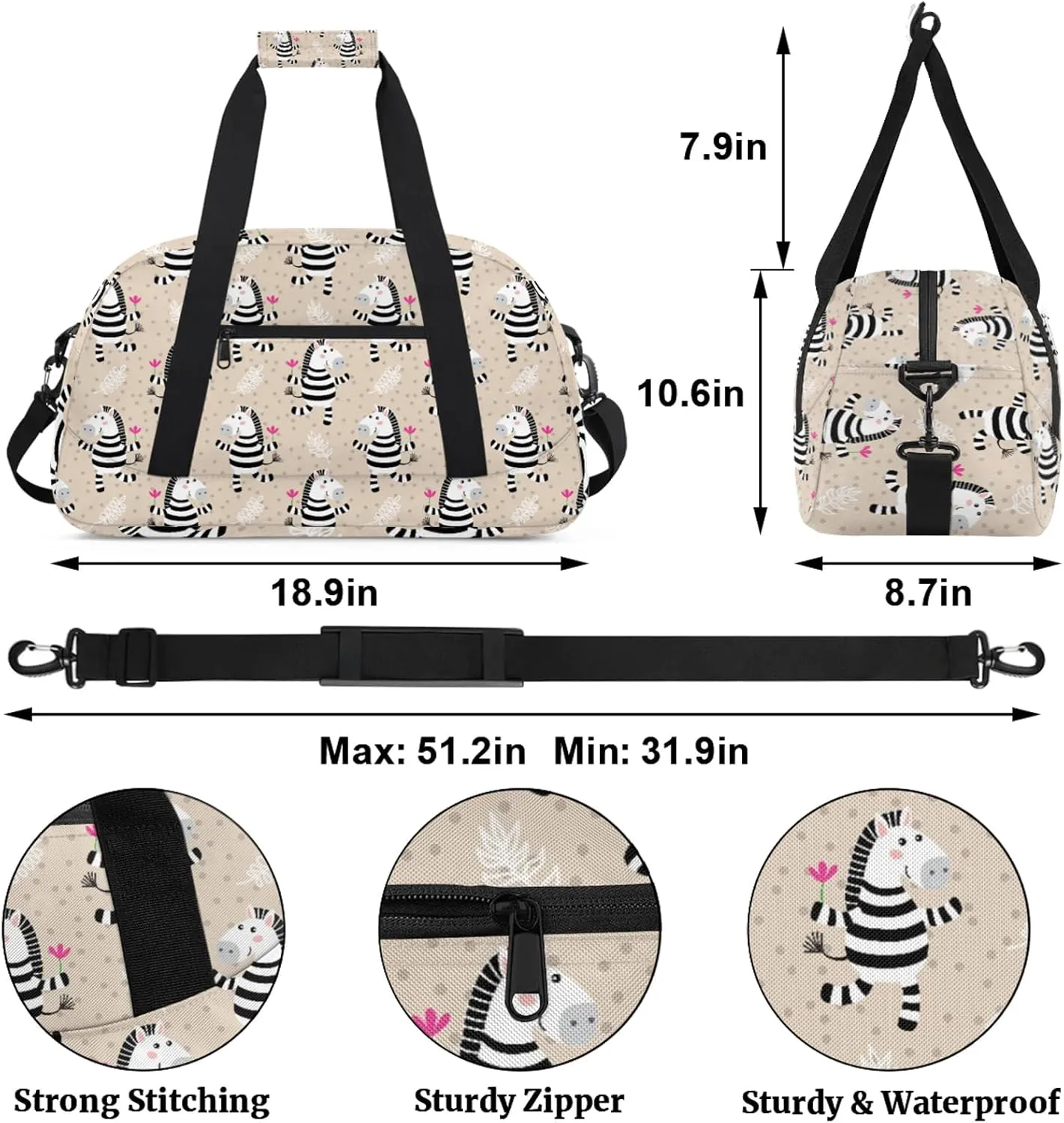 Zebra 18 inch Small Gym Bag for Women and Men, Lightweight Carry On Weekender Bag Mini Duffel Bag for Travel Sports Workout