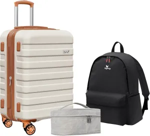 Zebra 20" Expandable Carry-On Luggage Set with TSA Lock, Lightweight Hardshell Suitcase with Spinner Wheels, PC ABS Durable Checked Luggage, Bonus Travel Backpack & Cosmetic Makeup Bag, White-Brown