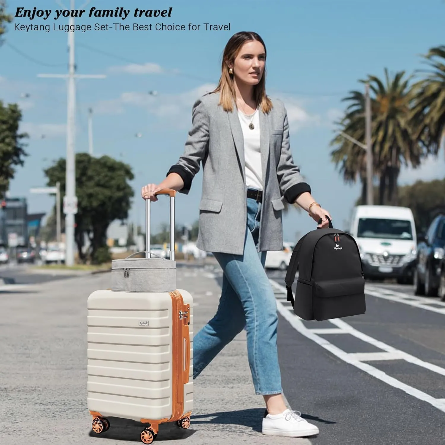 Zebra 20" Expandable Carry-On Luggage Set with TSA Lock, Lightweight Hardshell Suitcase with Spinner Wheels, PC ABS Durable Checked Luggage, Bonus Travel Backpack & Cosmetic Makeup Bag, White-Brown