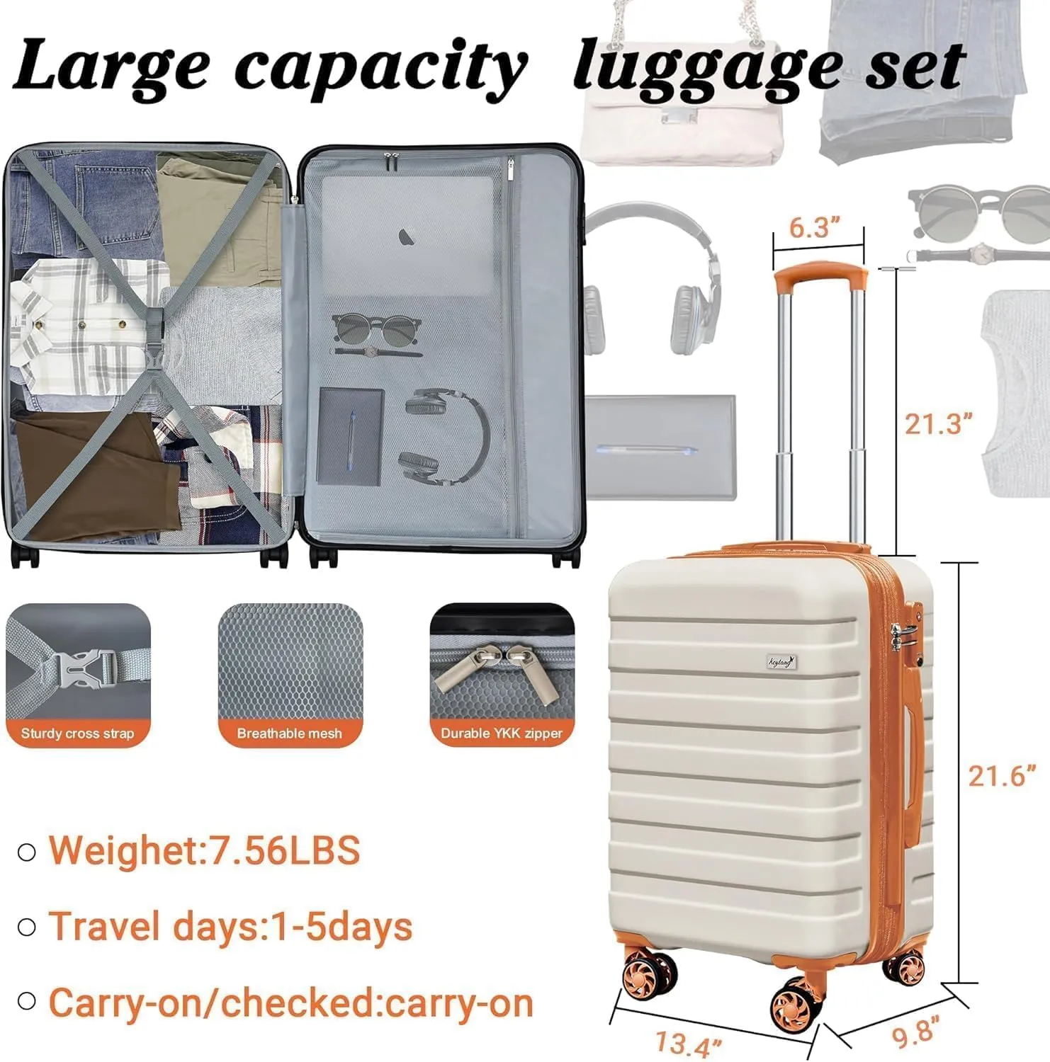 Zebra 20" Expandable Carry-On Luggage Set with TSA Lock, Lightweight Hardshell Suitcase with Spinner Wheels, PC ABS Durable Checked Luggage, Bonus Travel Backpack & Cosmetic Makeup Bag, White-Brown