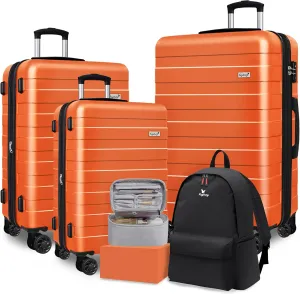 Zebra Luggage Sets 5 Piece, Carry-On Luggage with Spinner Wheels, PC ABS Lightweight Hardside Business Travel Suitcase Set with TSA Lock, Bonus Travel Backpack & Makeup Bag, 20/24/28 inch, Orange
