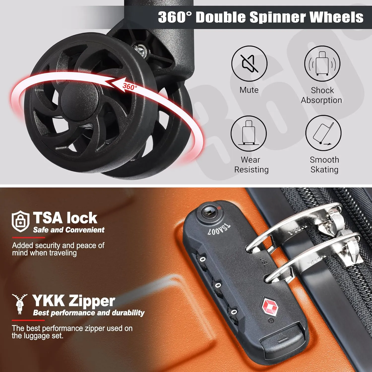 Zebra Luggage Sets 5 Piece, Carry-On Luggage with Spinner Wheels, PC ABS Lightweight Hardside Business Travel Suitcase Set with TSA Lock, Bonus Travel Backpack & Makeup Bag, 20/24/28 inch, Orange