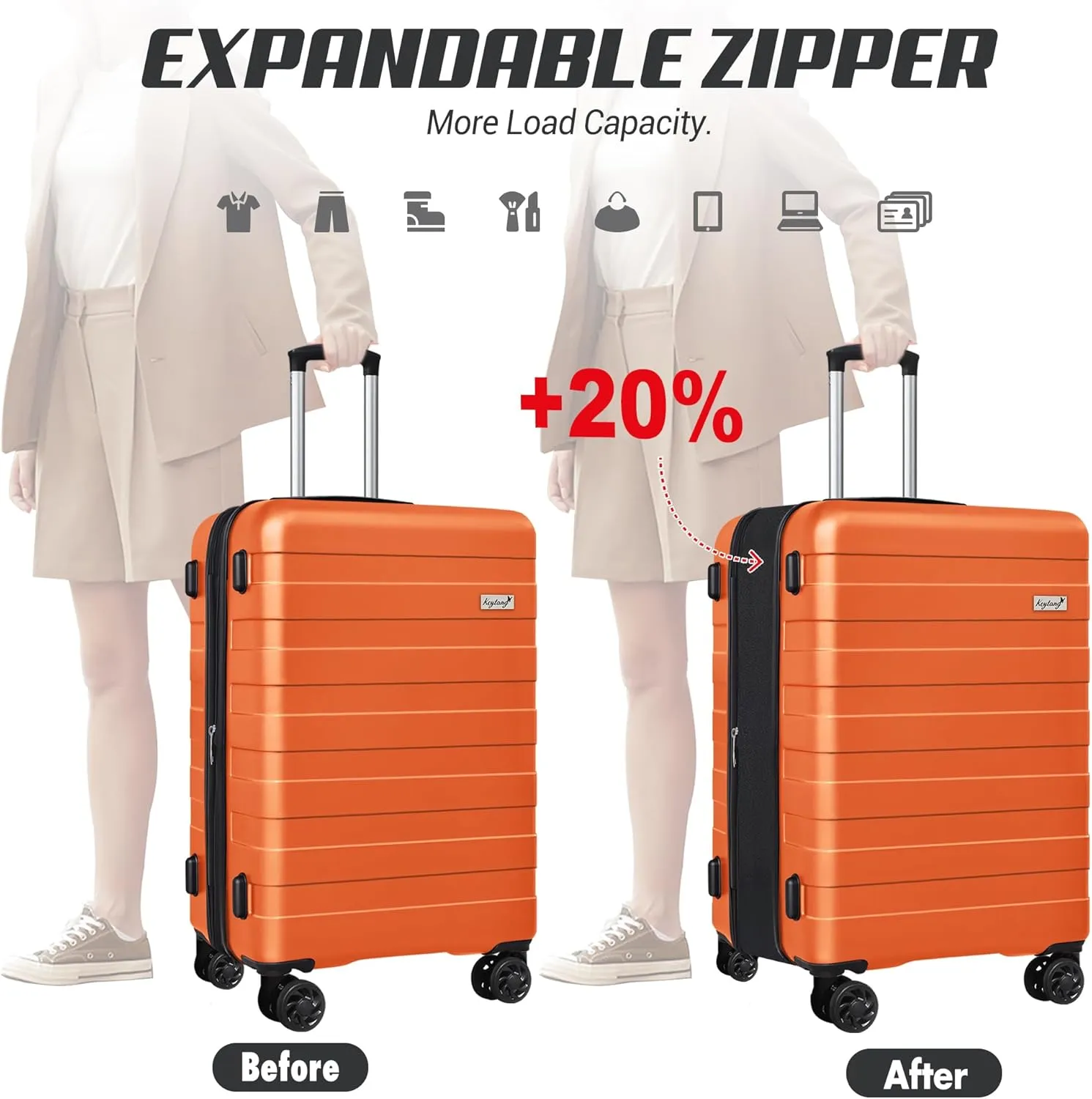 Zebra Luggage Sets 5 Piece, Carry-On Luggage with Spinner Wheels, PC ABS Lightweight Hardside Business Travel Suitcase Set with TSA Lock, Bonus Travel Backpack & Makeup Bag, 20/24/28 inch, Orange