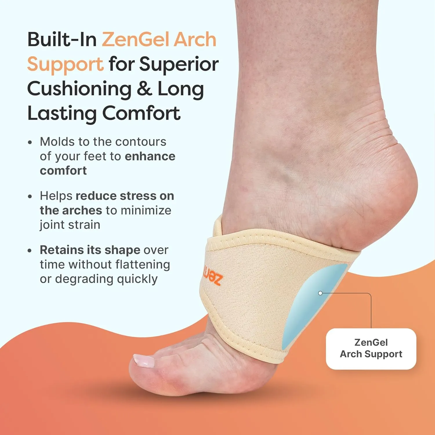 ZenToes Arch Support Bands with Gel Inserts for Women and Men, Orthotic Wraps for Plantar Fasciitis Foot Pain Relief, Adjustable Compression Straps