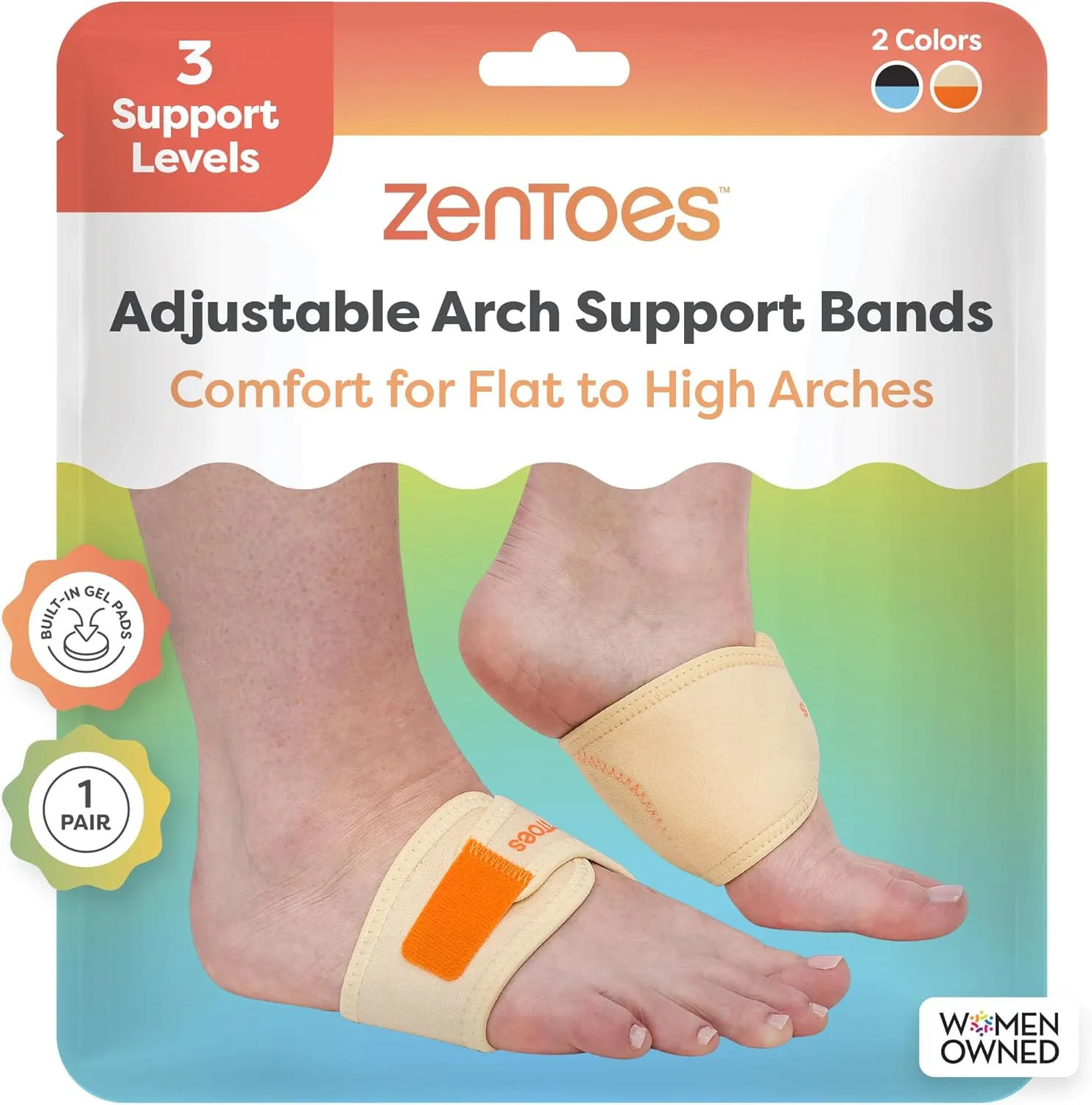 ZenToes Arch Support Bands with Gel Inserts for Women and Men, Orthotic Wraps for Plantar Fasciitis Foot Pain Relief, Adjustable Compression Straps