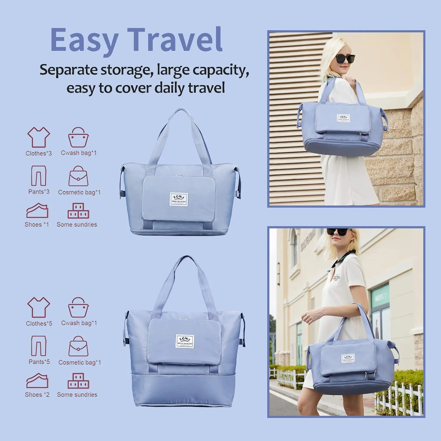 ZGWJ Expandable Travel Duffel Tote Bag - Foldable Overnight Weekender, Carry-On, Swim & Gym Bag - Fits Spirit Airlines Personal Item Size - Lightweight, Waterproof & Durable with Trolley Sleeve,Blue