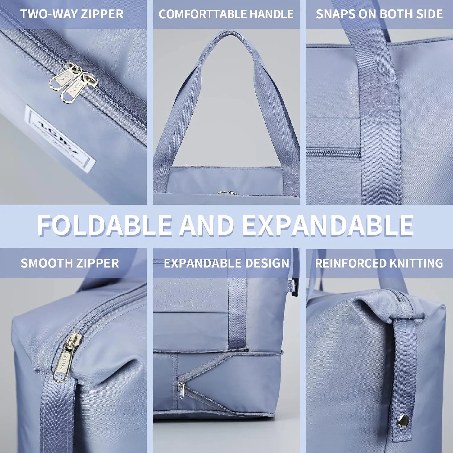 ZGWJ Expandable Travel Duffel Tote Bag - Foldable Overnight Weekender, Carry-On, Swim & Gym Bag - Fits Spirit Airlines Personal Item Size - Lightweight, Waterproof & Durable with Trolley Sleeve,Blue