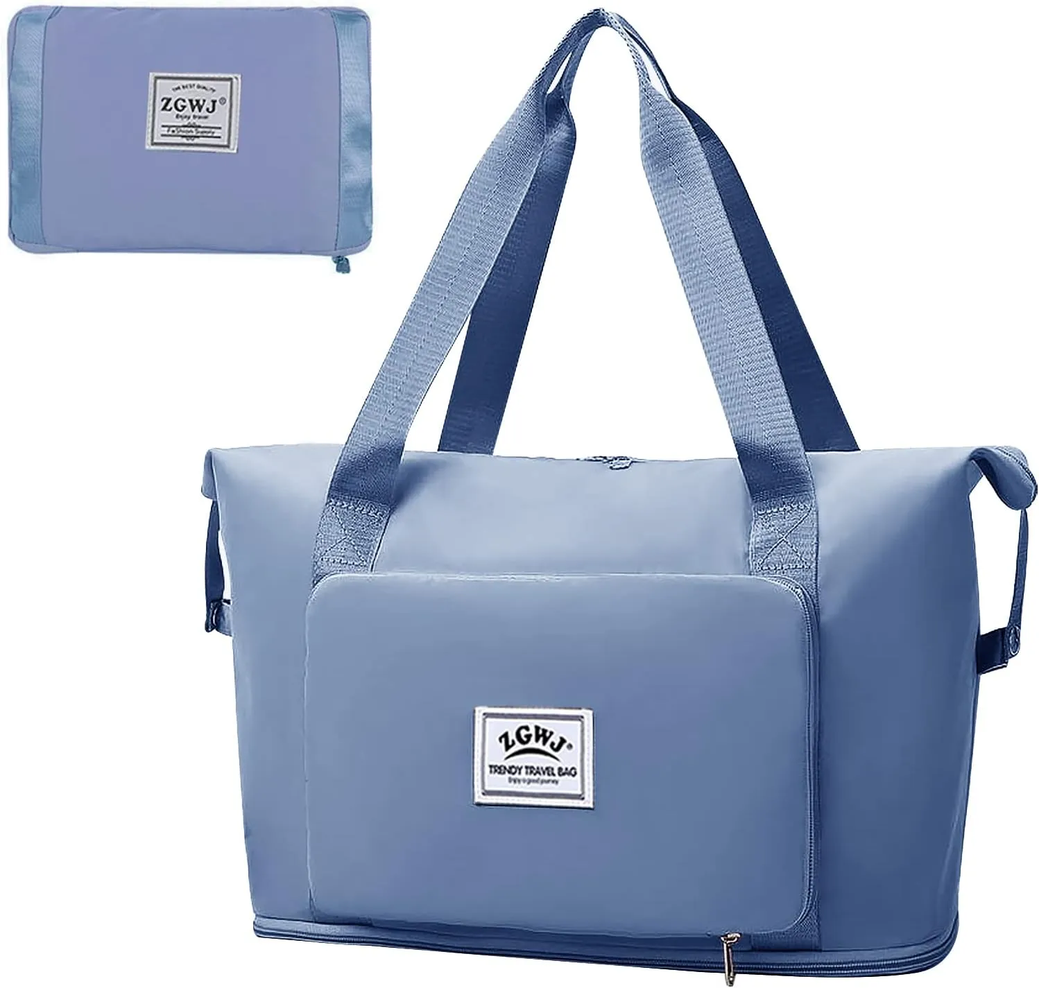 ZGWJ Expandable Travel Duffel Tote Bag - Foldable Overnight Weekender, Carry-On, Swim & Gym Bag - Fits Spirit Airlines Personal Item Size - Lightweight, Waterproof & Durable with Trolley Sleeve,Blue