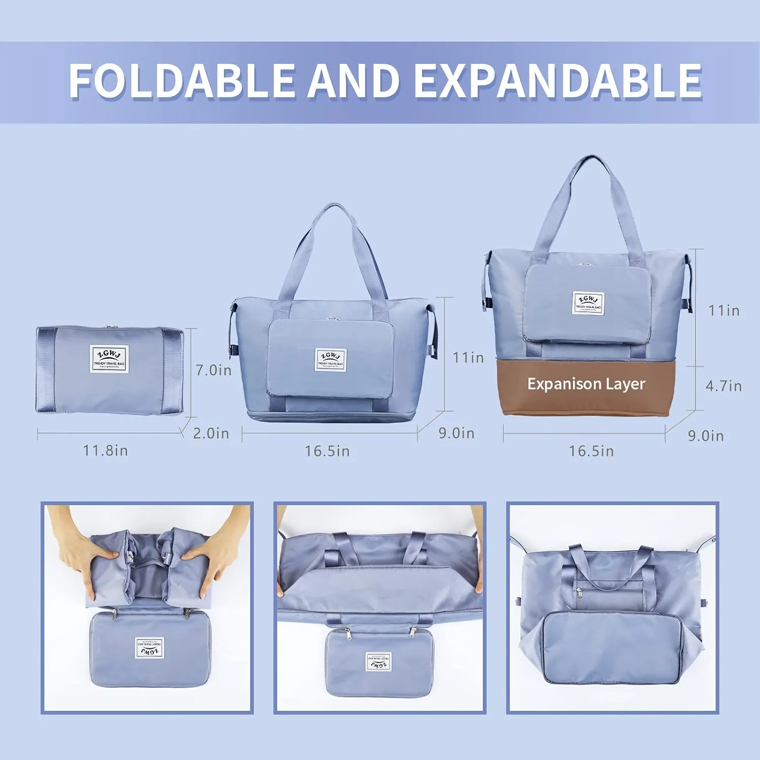 ZGWJ Expandable Travel Duffel Tote Bag - Foldable Overnight Weekender, Carry-On, Swim & Gym Bag - Fits Spirit Airlines Personal Item Size - Lightweight, Waterproof & Durable with Trolley Sleeve,Blue
