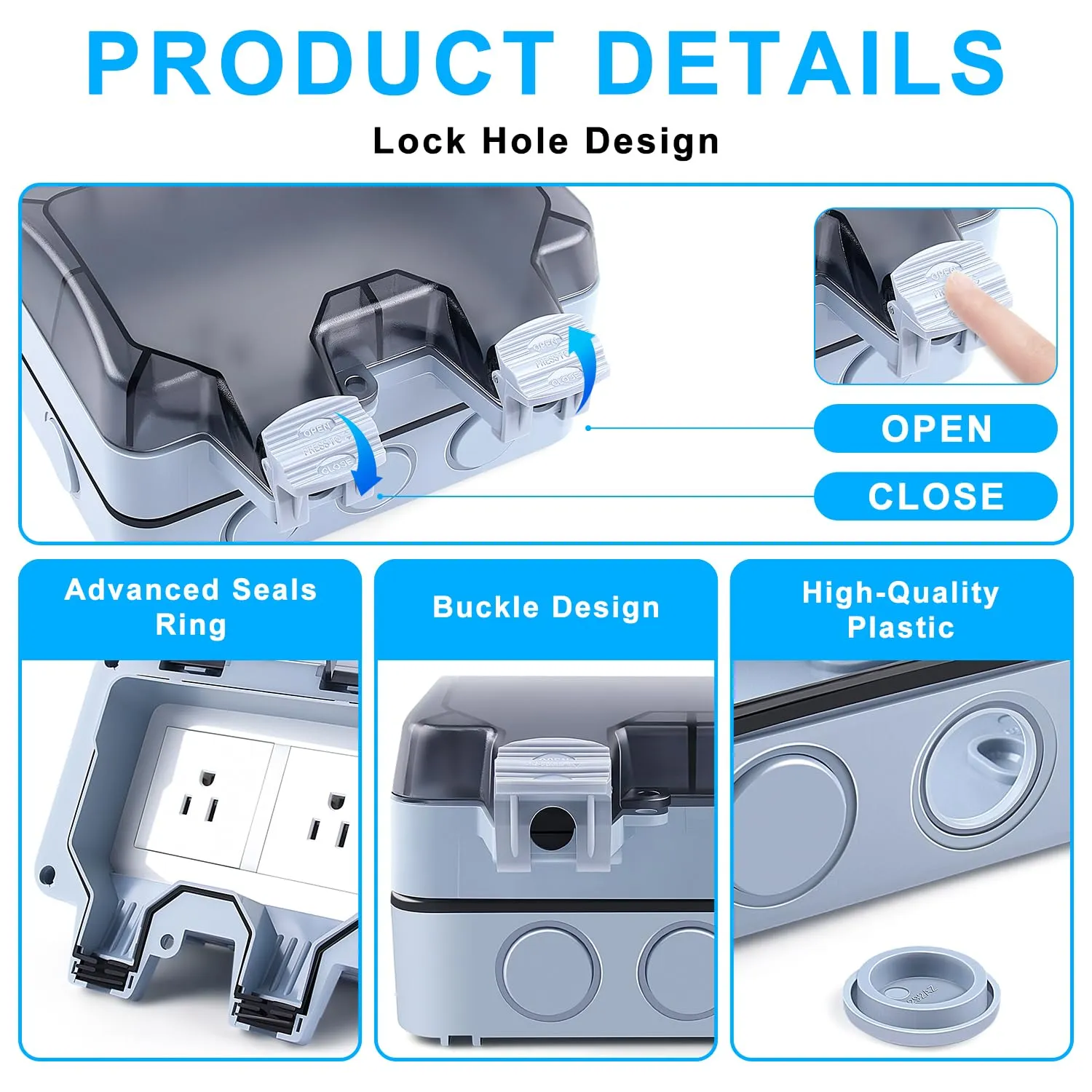 Zhushan Outdoor Weatherproof Wall Power Socket - Dual Function: Single 15A Waterproof Socket w/ 2 Gang Switched Cover, IP66 Rated, Lockable - Ideal for Garden, Outdoor, Indoor Use (125V/110-250V)