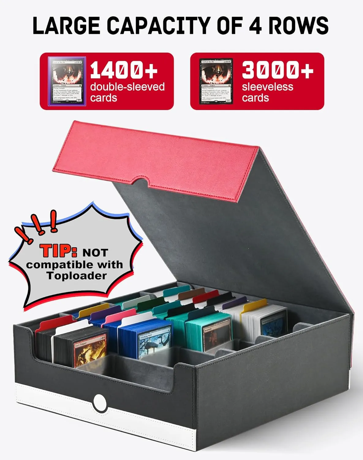 ZLCA Card Storage Box Holds 3000 , Deck Storage Case with 4 Stoppers, Card Organizer for TCG MTG PTCG(Red&White)