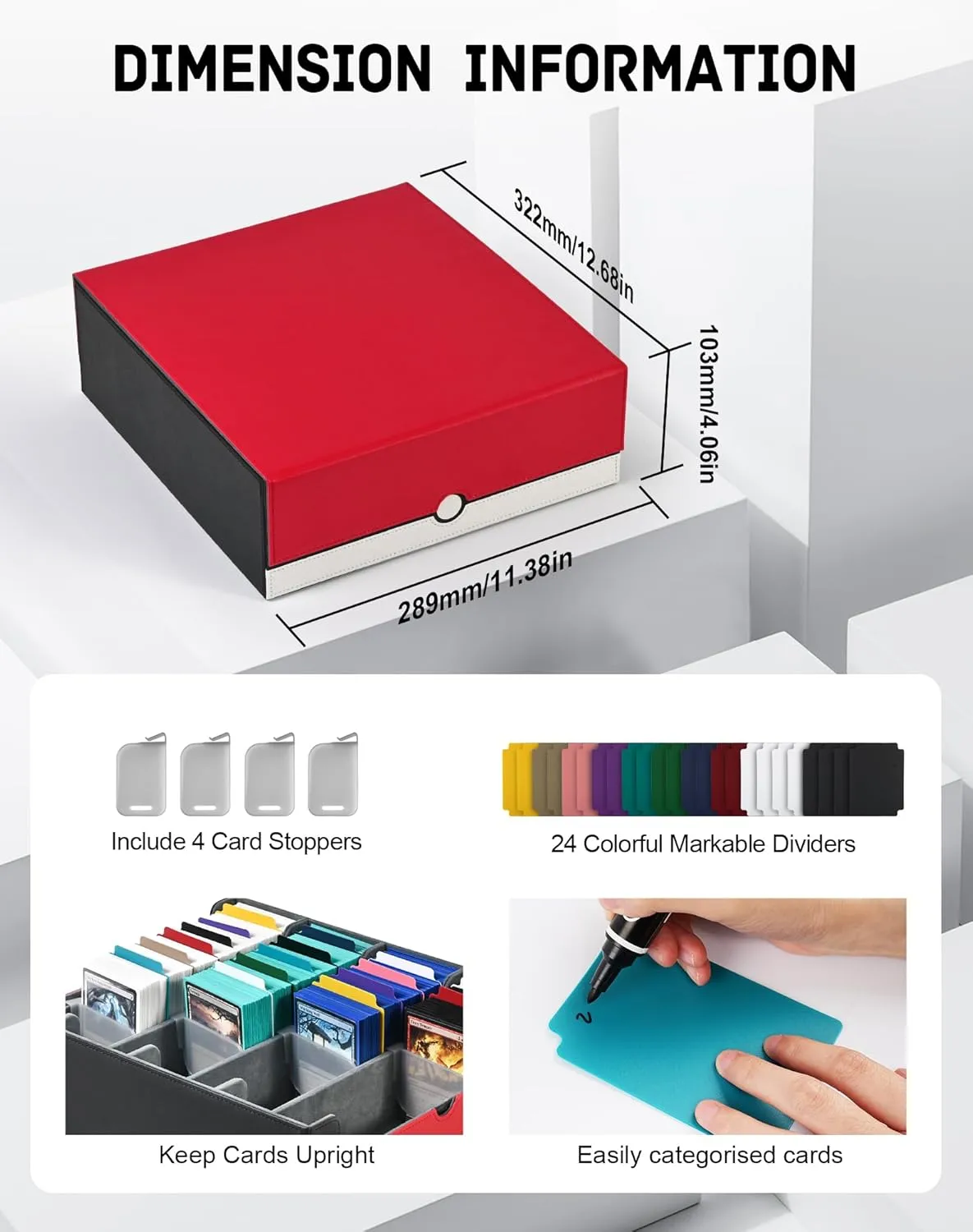 ZLCA Card Storage Box Holds 3000 , Deck Storage Case with 4 Stoppers, Card Organizer for TCG MTG PTCG(Red&White)