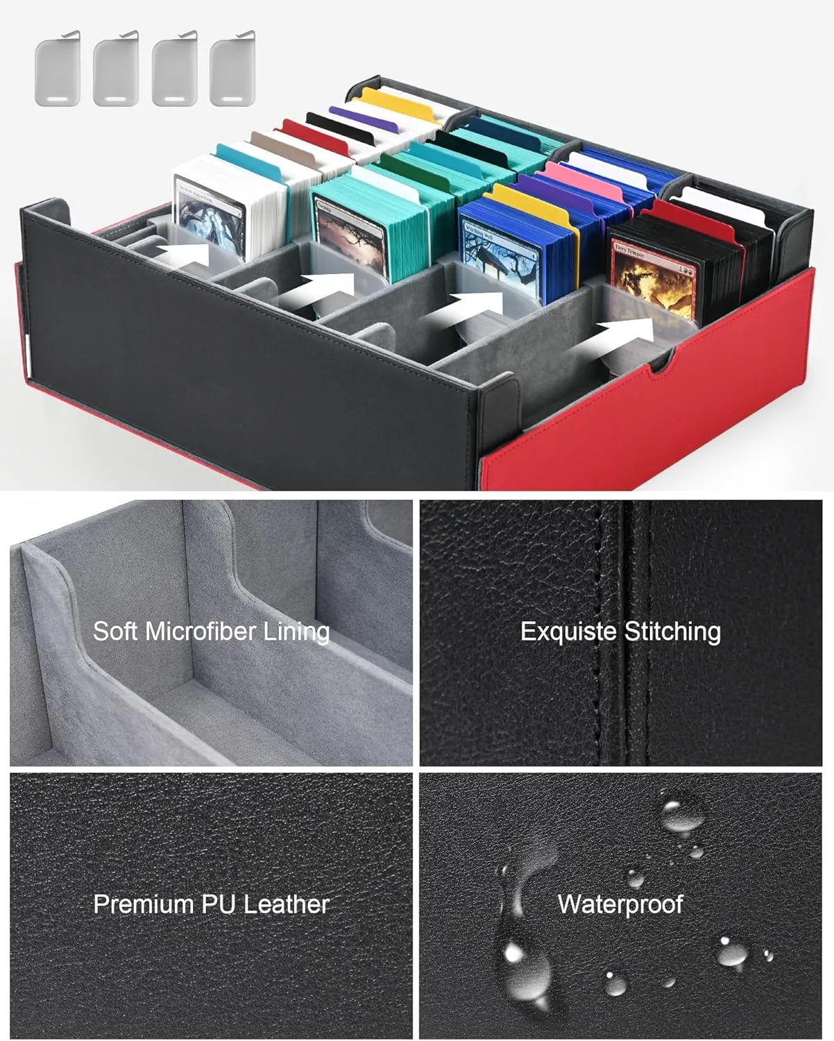ZLCA Card Storage Box Holds 3000 , Deck Storage Case with 4 Stoppers, Card Organizer for TCG MTG PTCG(Red&White)