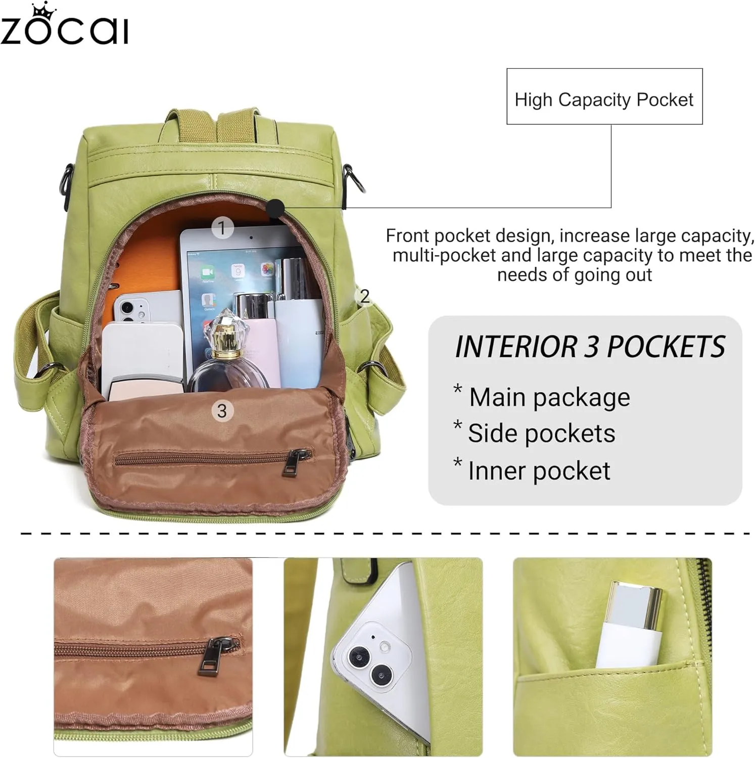 ZOCAI Backpack Purse for Women Fashion Backpack Purses PU Leather Daypacks Anti-Theft Shoulder Bag Satchel Purse