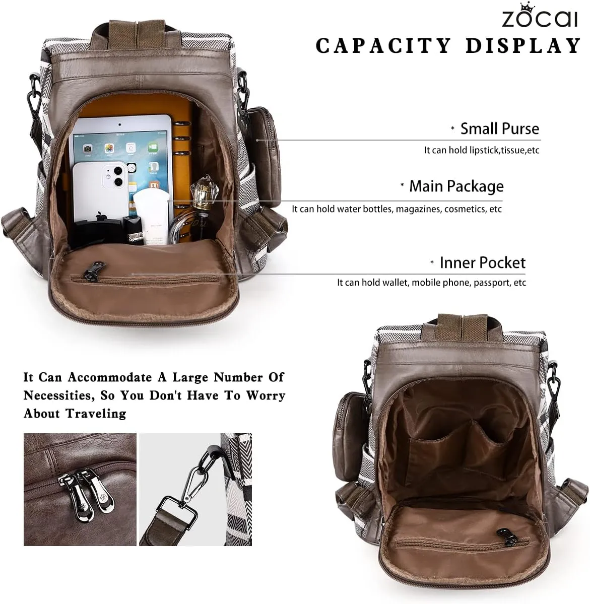 ZOCAI Backpack Purse for Women Fashion Backpack Purses PU Leather Daypacks Anti-Theft Shoulder Bag Satchel Purse