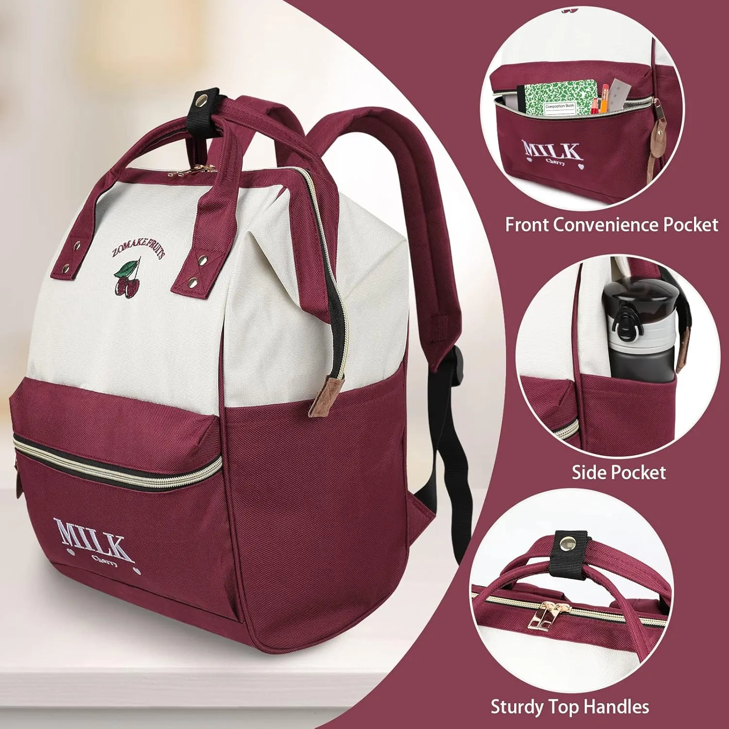 ZOMAKE 15.6 Inch Travel Laptop Backpack for Women Men - Anti Theft Water Resistant Bag Daypack - Computer Bag Business Work Cute Backpacks(Cherry-new)