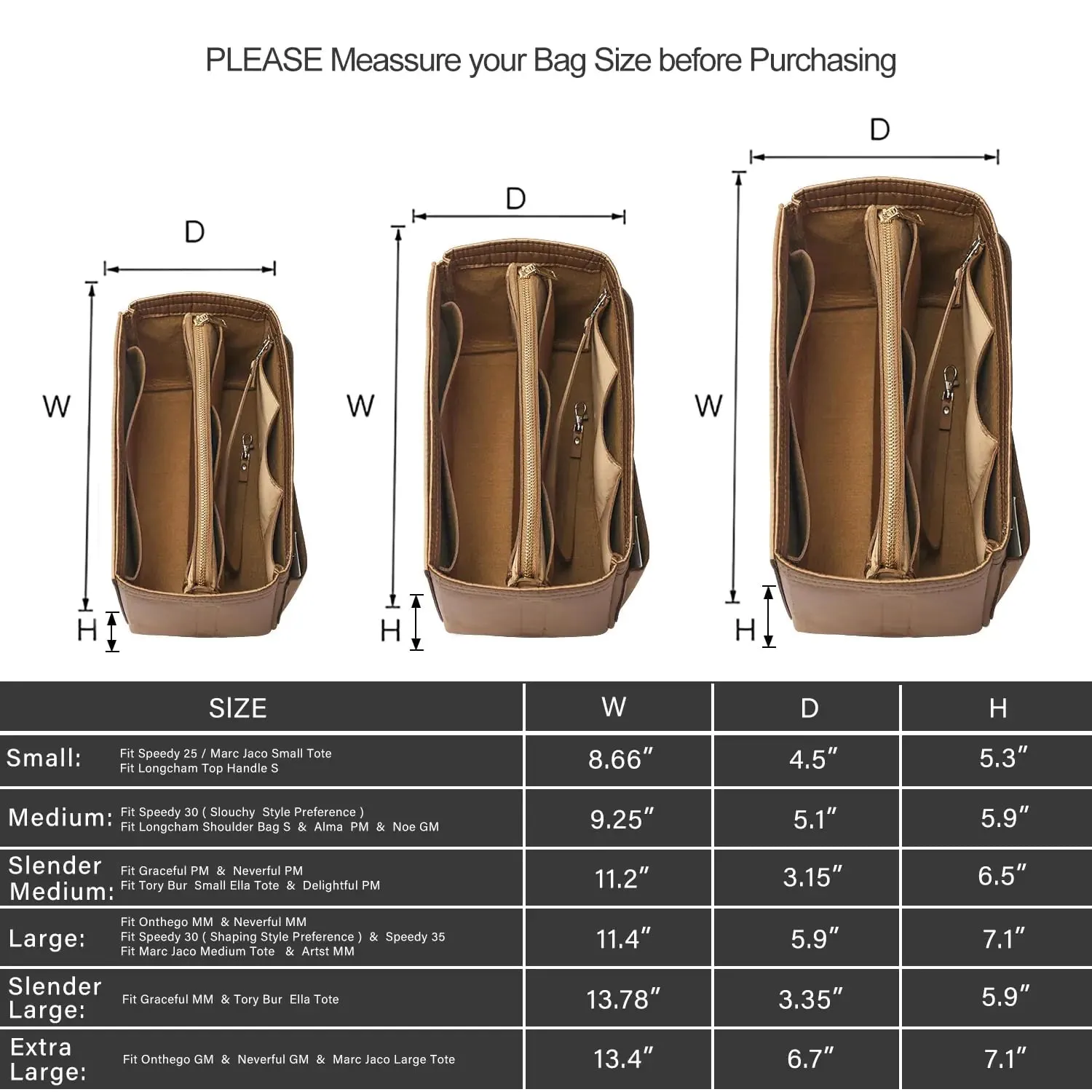 ZTUJO Purse Organizer Insert, Felt Bag Organizer with Metal Zipper, Handbag & Tote Shaper, For Speedy Neverfull Tote, 7 Sizes Slender Large Silky Brown
